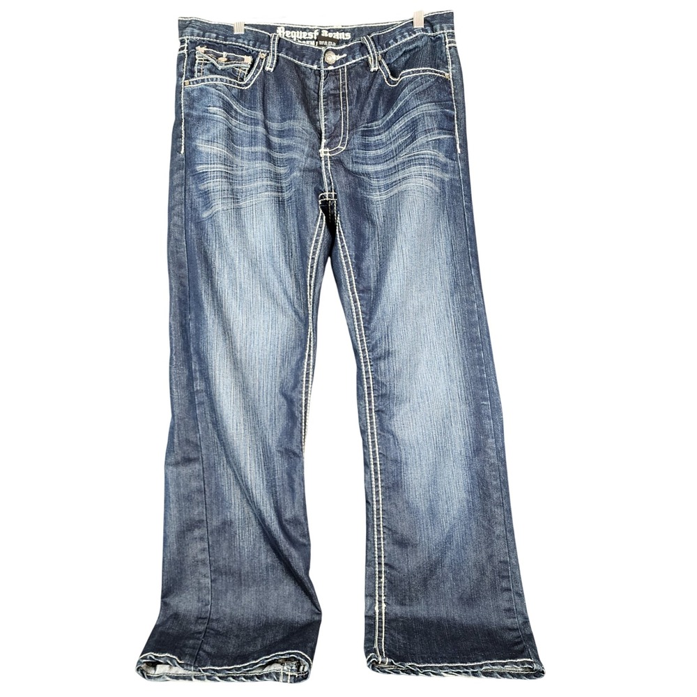 Request Jeans Premium Mens 34x34 Dark Wash Wide Leg Bootcut Contrast Stitch Y2K